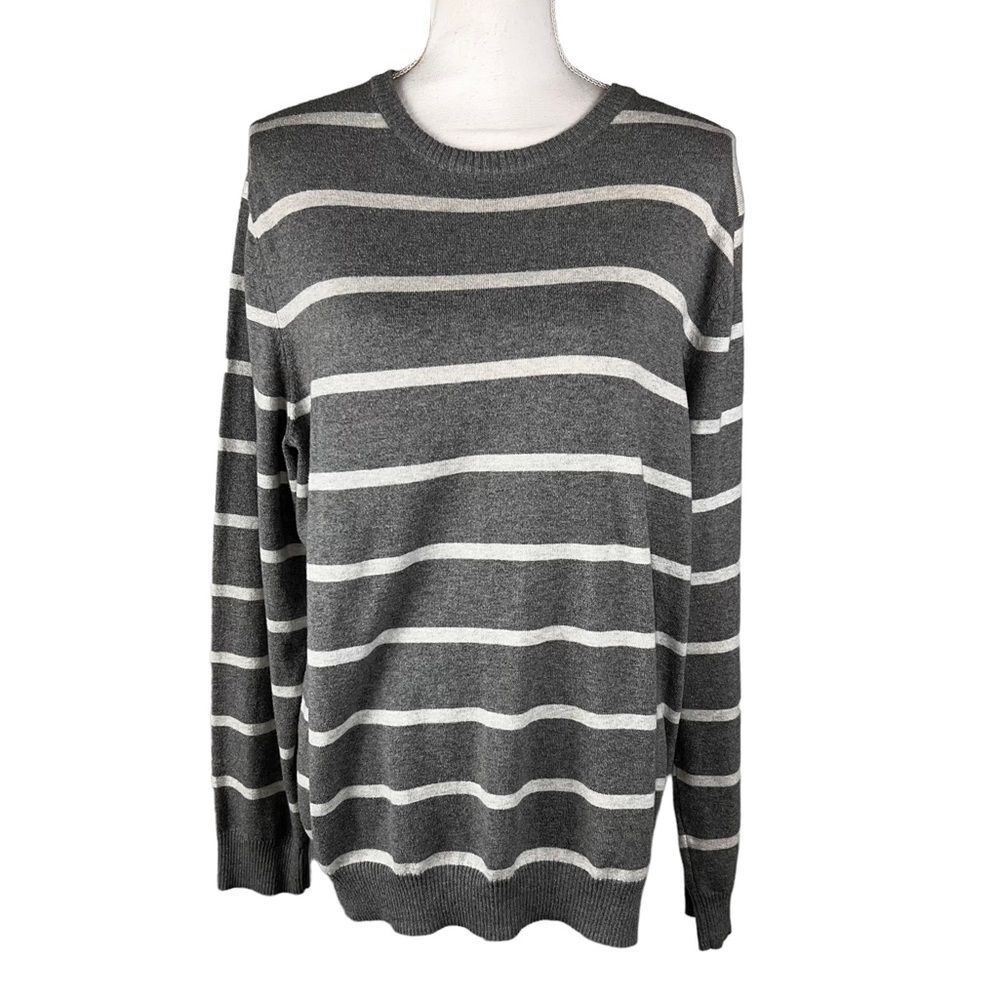 Oleg Cassini Cashmere Cotton Blend Crew Neck Pullover Striped Size XL Gray White